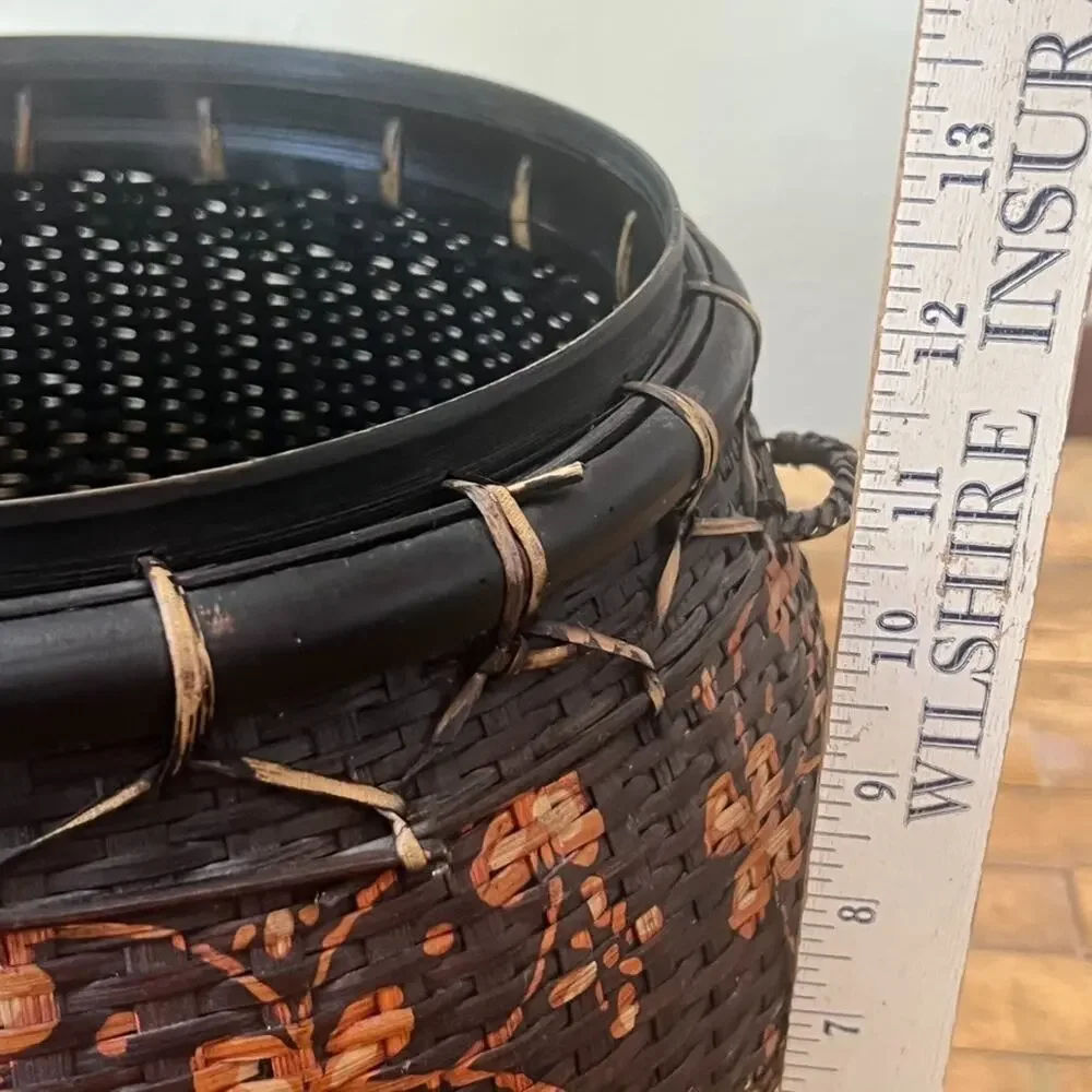 Chinese Woven Basket Round Brown Hand Painted Floral